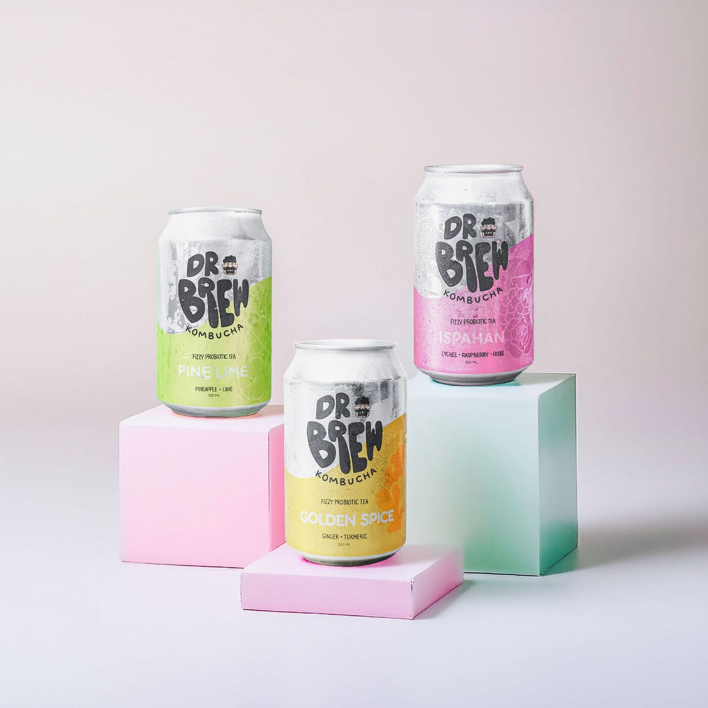 Dr. Brew Kombucha cans: Pine Lime, Golden Spice and Ispahan